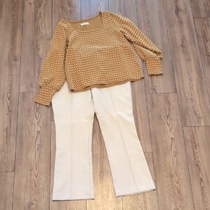 Stylish Tan Polka Dot Blouse and Cream Pants
